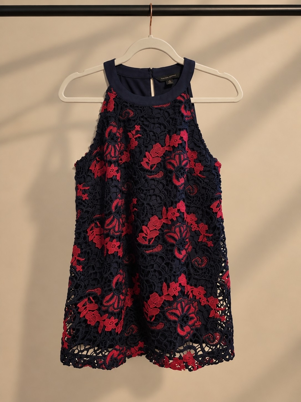Navy and Fuchsia Floral Lace Halter Dress Top